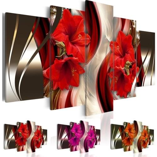 Fashion Wall Art Canvas Painting 5 Pieces Red Orange Purple Abstract Lilies Flower Modern Home Decoration,No Frame