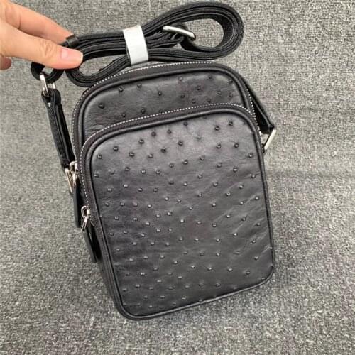 Authentic Real Ostrich Skin Men Small ZIP Purse Single Cross Shoulder Bag Exotic Genuine Leather Male Casual Mini Messenger Bag