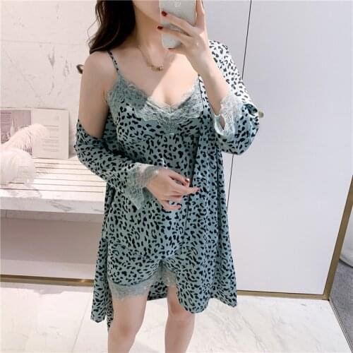 Soft Pyjamas Sexy Leopard Pajamas 3-Piece Sweet Nightgown Womens Sleepwear Silk Satin Bathrobe Lace Robe Set Pijamas Homewear
