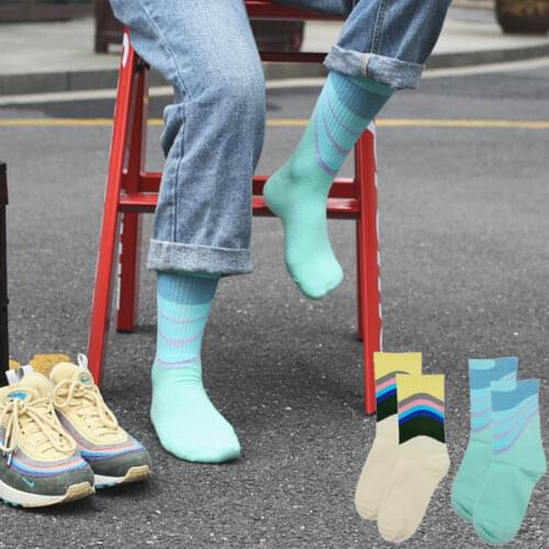 Korean Personality Harajuku Trend Wave Texture Cotton Rainbow Simple Crew Socks Men Women Splicing Design Couple Novelty Socks