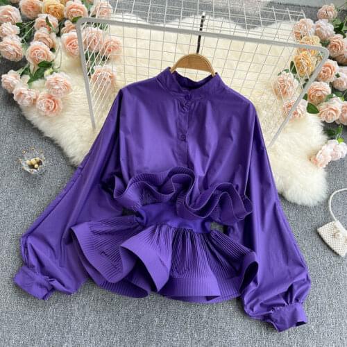 2021 Spring and Autumn New Female Deep O-neck top Ruffles Lace Up Shirt Womens All-match temperament Sleeve Shirts Women