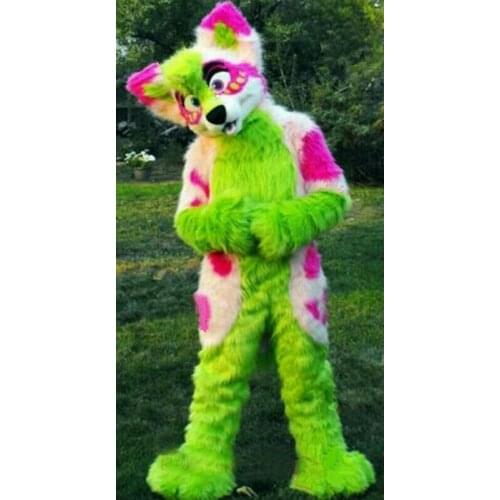 NEW Husky Long Fur Dog Fox Mascot Costume Green Fursuit Party Cosplay Game Adult