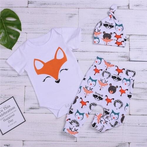 Baby Clothing Toddler Baby Girl Boy Clothes Cartoon Fox Print Tops Body Suits Romper Pants Hat 2pcs Outfits Clothes Bebe Set