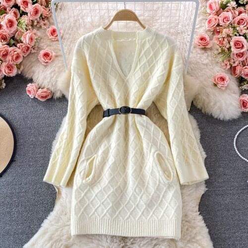 Solid Color Casual Plus Size Sweater Vestidos Womens Autumn And Winter Korean Fashion Loose Twist Pullover Knitted Dress