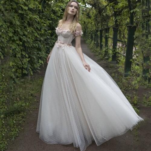 Eightree Elegant A Line Wedding Dresses Backless Boat Neck 3D Flower Appliques Off The Shoulder Court Train Bridal Princess Gown
