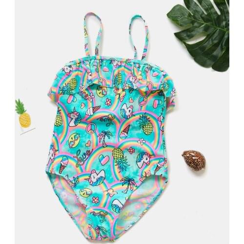 2020 New Girls Swimwear One Piece Ruffle Style Childrens Swimwear Unicorn Beachwar 2-8Years Girls Bathing Suit One-Piece 9044