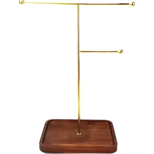 Walnut Base Jewelry Display Stand Jewelry Metal Storage Rack Gold Necklace Earring Hanger