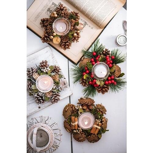 Handmade Christmas Candle Holders Red Berries Pine Cones Festival Party Tabletop Decor Candle-Holder Winter Table Centerpiec
