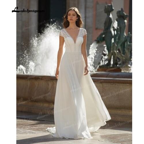Boho Chiffon Wedding Dresses 2021 Short Cap Sleeves Beach Lace Bridal Gowns Backless Party Dresses Sweep Train Robe Mariee