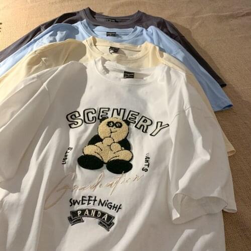 Chic Sute 3D Panda Embroidery Vintage T Shirts Women Graphic Tee Oversized Tshirts Summer 2021New Fashion Teens Girls Large Tops