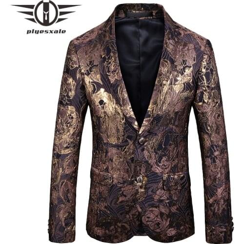 Stylish Black Gold Floral Blazer Men Slim Fit Gentlemen Mens Blazer Jacket Plus Size Mens Jacquard Blazers Terno Masculino Q747