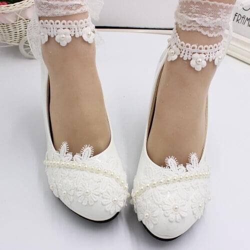 High【Xingchenmao】 Heel Wedding Shoes Ladies Bride Shoes Lace Flower Decoration Womens Shoes 2021 New Design BH157