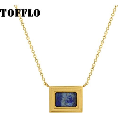 TOFFLO Stainless Steel Jewelry Lapis Lazuli Art Oil Painting Pendant Necklace Female Fashion Clavicle Chain BSP1099