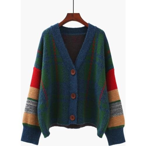 Vintage Patchwork Knitted Women Sweater And Cardigan Lantern Sleeved Loose Thick Warm Female Outwear Coats Tops