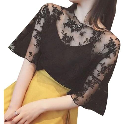 Women Lace Blouse 2017 New Summer Flare Sleeve Casual Tops Elegant Slim Shirts Sexy Spaghetti Strap Top Two Piece Set AB265