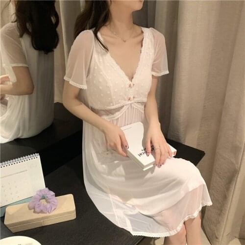 Ladies Sexy V-Neck Hollow Out Nightdress Summer New Short Sleeve Nightgown Sweet Lace Trim Mesh Sleepshirts Lounge Sleepwear