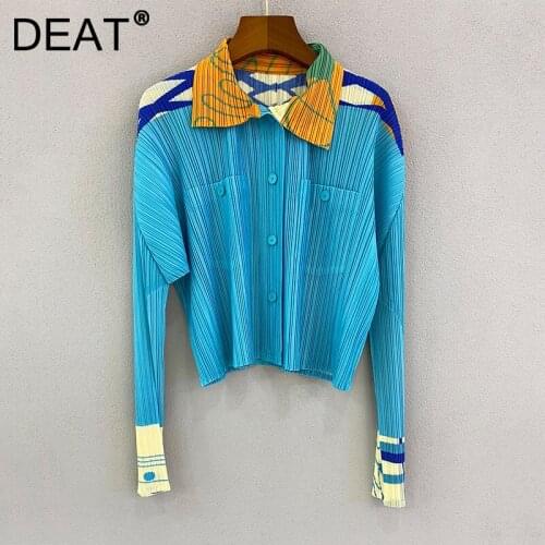 DEAT Women Pleated Jackets Blue Hit Color Pockets Lapel Long Sleeve Loose Thin Coat Casual Style 2021 Autumn Fashion 15JK063