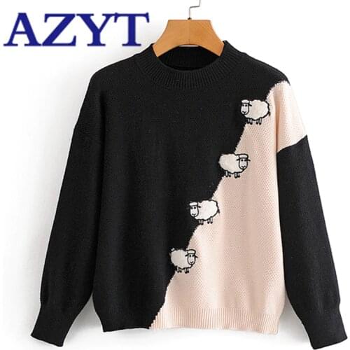 AZYT O Neck Cartoon Sheep Embroidery Woman Sweater Pullovers 2020 Patchwork Loose Oversized Womens Jumpers Casual Knitwear Coat