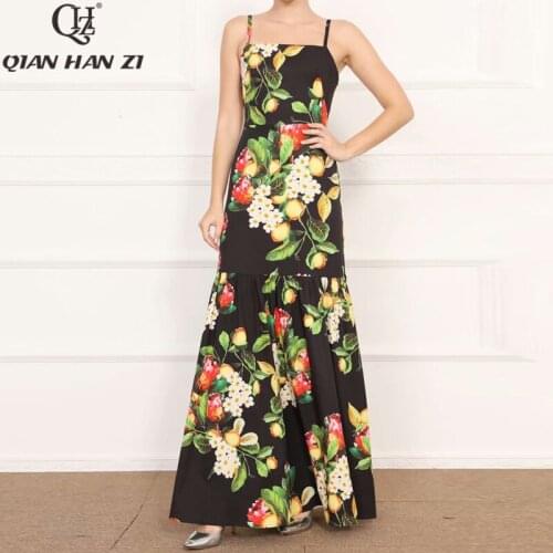 Qian Han Zi Runway Fashion Sexy Spaghetti Strap Maxi Dress Womens Lemon Flower Print Retro Slim Bodycon Mermaid Long Dress