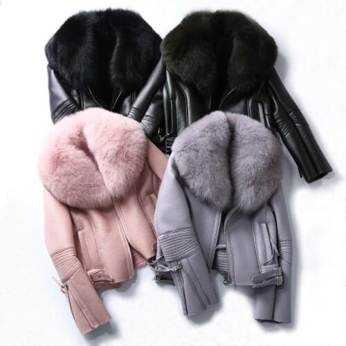 Winter Jacket Women Casual 2020 Real Fur Coat Natural Fox Fur Collar Real Wool Fur Liner PU Faux Leather Thick Warm Streetwear