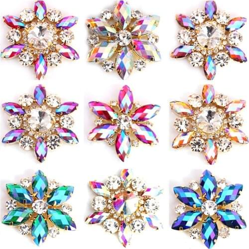 1PCS Crystal AB Glass Rhinestone Applique With Gold Base Flower Applique стразы Sew On Rhinestone For Wedding Dress B3486