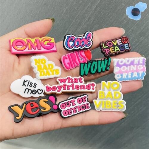 1Pcs Cool Words Doing Great Girls Wow English Shoe Charms Accessories Decorations PVC Croc jibz Buckle for Kids Party Gifts