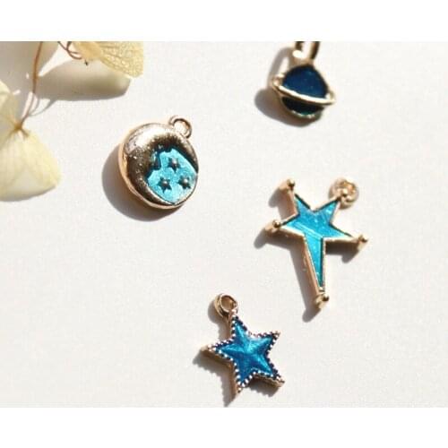 12-22MM 44Pcs Blue Tone Mix Star Moon Glazing KC Gold Alloy Jewellery Pendants Jewelry Charms
