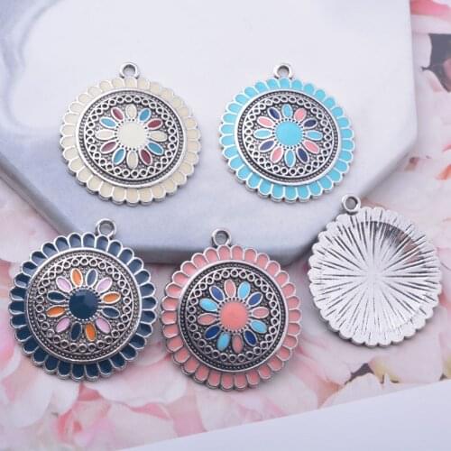 12pcs/lot 30*27mm Alloy Ancient Silver Round Enamel Charms Ear Pendant DIY Bohemian Style Jewelry Earring Components