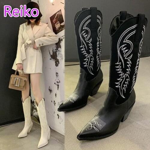 2021 white boots, long boots, womens knight boots, retro large-tube single boots, high-tube western pointed toe cowboy boots