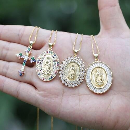5 pcs religious cross virgin Mary charm pendant paved color crystal cubic zircon gold chain choker necklace for unisex woman man