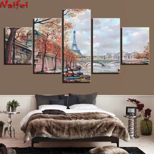 5d Multi-picture Round Diamond Painting Landscape 5 Pieces Paris Tower Bridge Full Drill Square Mosaic Embroidery Handmade Gift