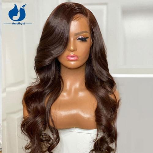 Amethyst 150 Density Brown Color 13X6 Lace Front Human Hair Wig Brazilian Remy Soft Wavy Lace Front Wigs Brown16-24inch Hair Wig