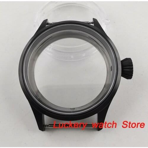 43mm black watch case sapphire glass big crown 316L stainless steel Watch Case Fit ETA 6497 6498 ST3600 3620 movement-BK42