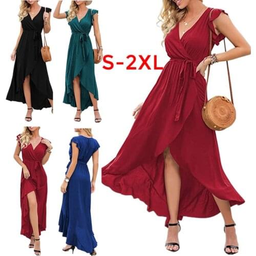 Womens Cap Sleeve Wrap V Neck Summer Ruffle Hemline High Low Split Beach Party Maxi Dress with Belt Vestidos Robe Femme été