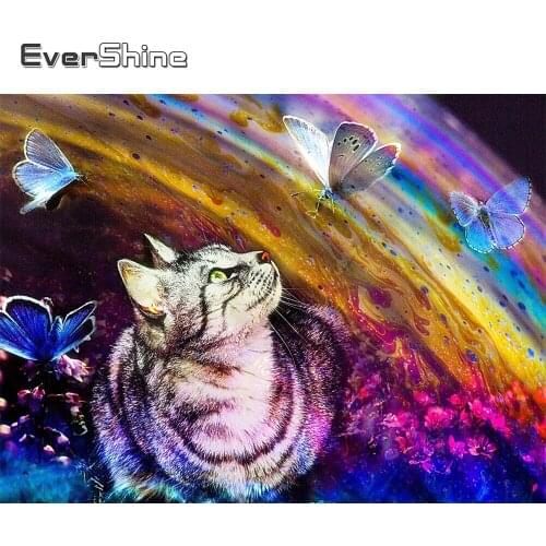EverShine 5D DIY Diamond Mosaic Cat Rhinestones Diamond Painting Butterfly Cross Stitch Embroidery Animal Needlework Handicraft