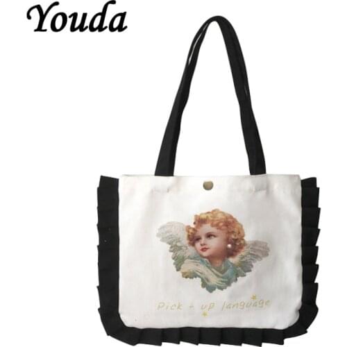 Youda New College Style Canvas Bag Cute Shoulder Bags Pearl Girl Print Handbag Double Model Tote Ruffled Decorative Handbags
