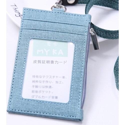 Faux Leather Candy Color ID Badge Holder with Lanyard Hanging Neck Multi Card Slots Business ID Card Side Zipper Pocket Bag