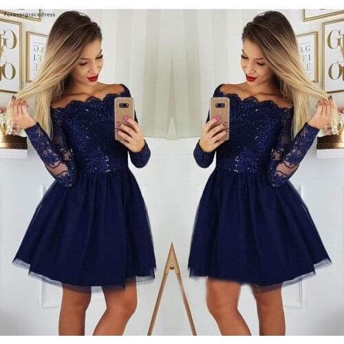 Navy Blue Long Sleeves Cocktail Dresses A Line Knee Length Club Wear Graduation Homecoming Party Gowns Plus Size Custom Made