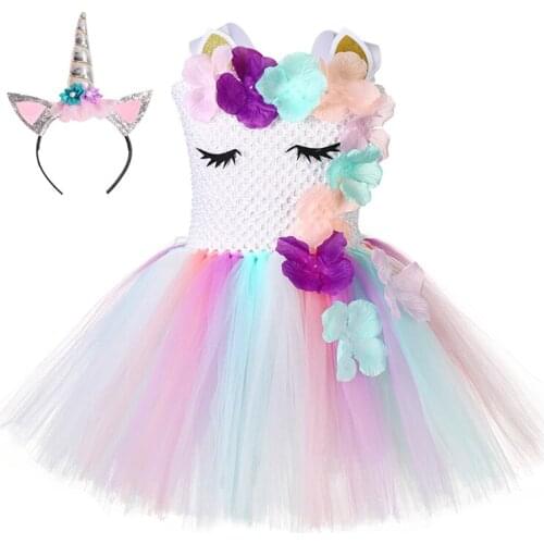 Halloween Unicorn Tutu Dress Flowers Girls Birthday Party Dress Kids Children Pageant Baptism Back School Costume Clothes Outfit