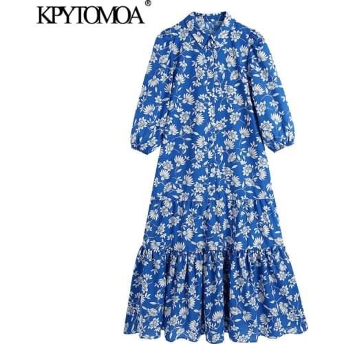 KPYTOMOA Women 2021 Chic Fashion Floral Print Ruffled Midi Dress Vintage Puff Sleeve Button-up Female Dresses Vestidos Mujer