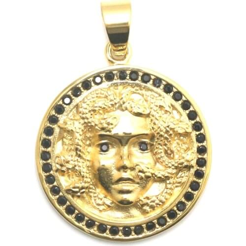 316L Stainless Steel Gold-Color Black Stone Medusa Snake King Skull Pendant