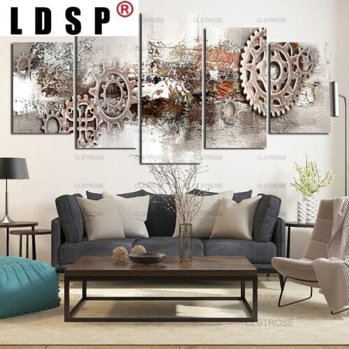 LDSP 5 Panels Canvas Painting Light Gray Gear Mechanical Parts Poster HD Printing Pictures For Living Room Home Decoration