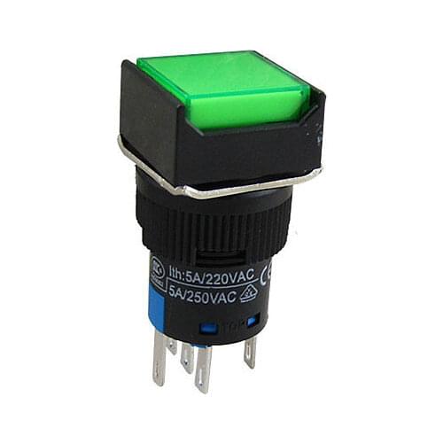 Momentary Contact Green Lamp 5 Pins Push Button Switch AC 250V