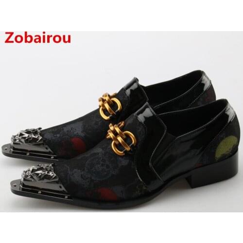 Zobairou zapatos-hombre leather shoes men Metallic pointy toe classic black loafers dress wedding office shoes oxford size13