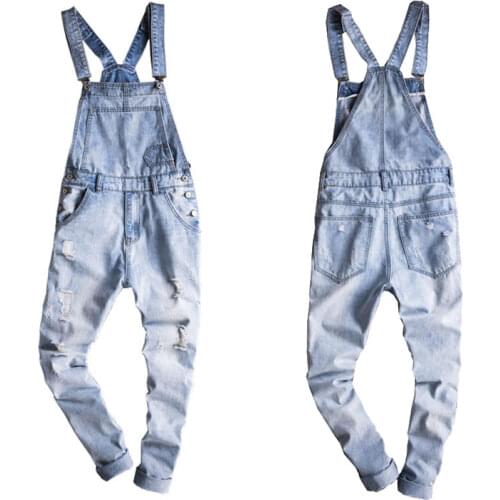 2020 New Male Suspenders New Casual Light Blue Denim Overalls Ripped Jeans Pockets Mens Bib Jeans Boyfriend Jumpsuits Size 6XL