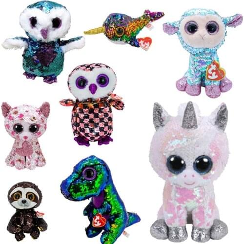 New 15cm Ty Big Eye Plush Animal Toys Unicorn Giraffe Tiger Dragon Pendant Sequin Toys Series Collection Cute Dolls Child Gift