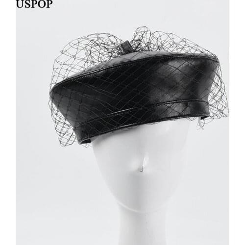 USPOP 2021 New Women Berets Mesh Yarn Black PU Berets