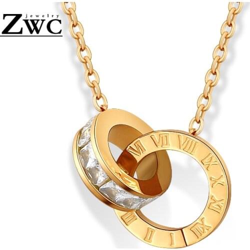 ZWC New Fashion Luxury Gold Color Roman Numeral Necklace Pendants for Women Wedding Party Stainless Steel Necklace Jewelry Gift