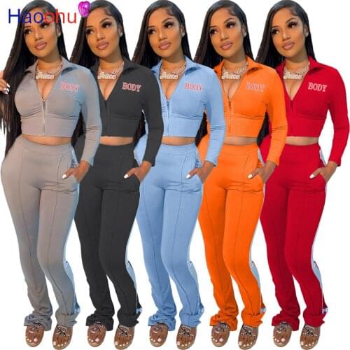 HAOOHU autumn two piece set women long sleeve hooded zipper pocket sporty Jackets+leggings matching sets workout stretch outfits