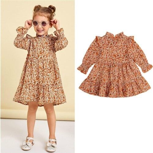 2-7Years Kids Girls Floral Print Dress 2021 Autumn Children Long Sleeve Ruffle Collar Loose A-Line Dress Baby Clothes